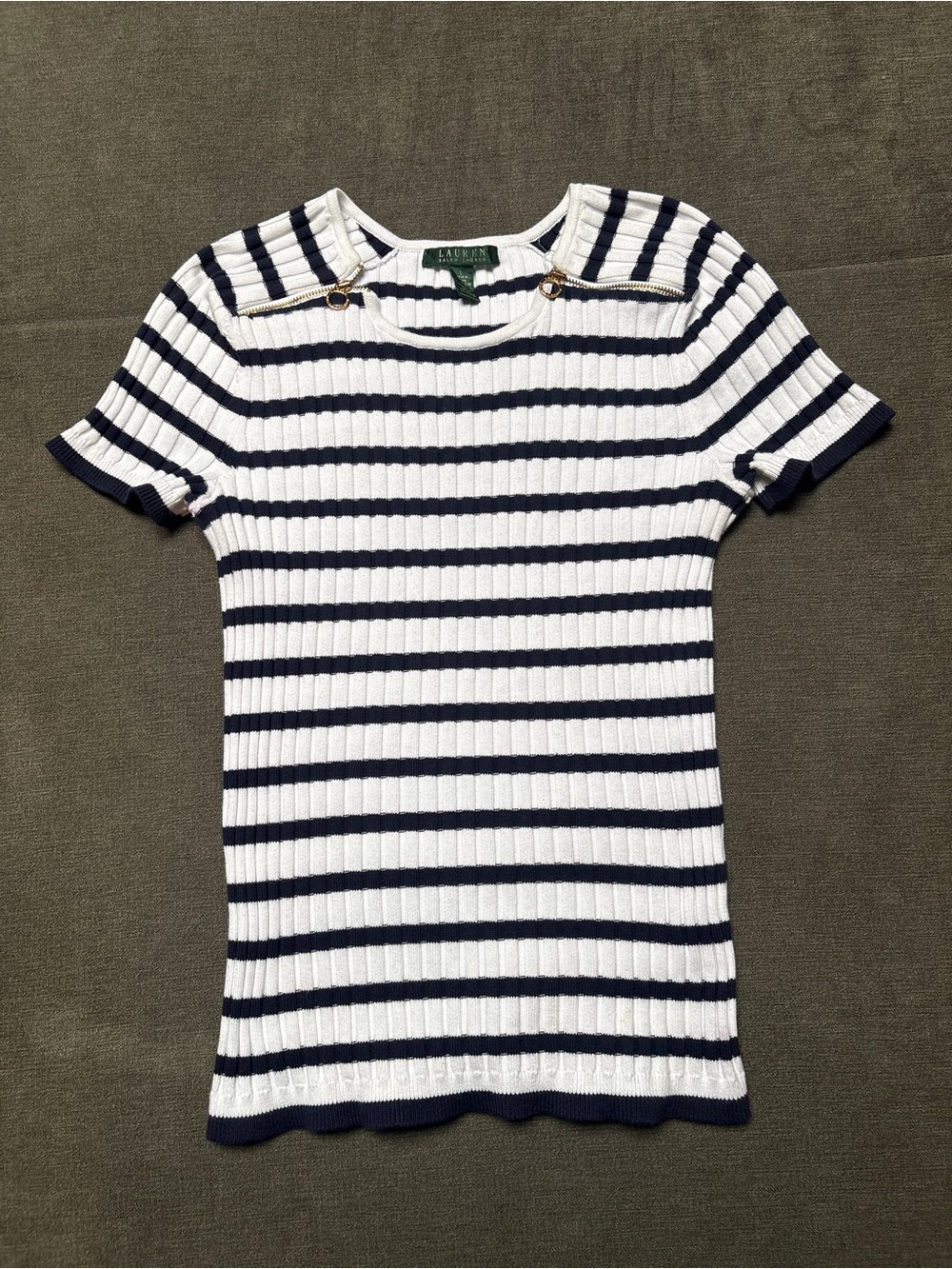 Lauren Ralph Lauren Nautical Stripe Ribbed Knit Top Large Gold Zip Shoulders